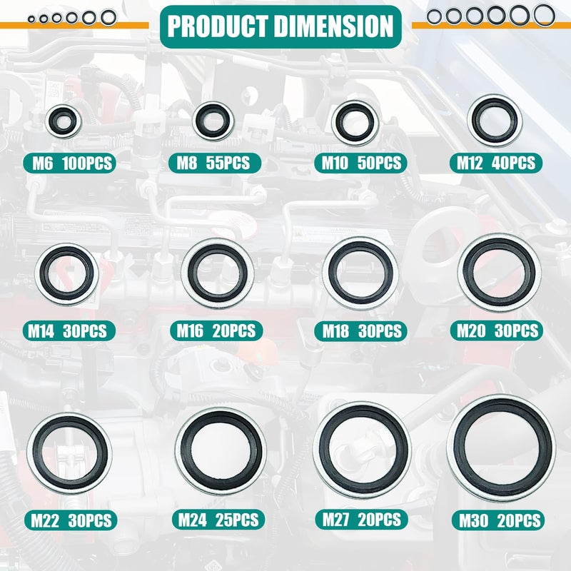 Dekiphox 450PCS Bonded Sealing Washers Automotive Metric Zinc-Plated Steel Rubber Sealing Washer Kit Self-Centred Metal Seal Gasket Crush Washers M6 M8 M10 M12 M14 M16 M18 M20 M22 M24 M27 M30 - Image 2